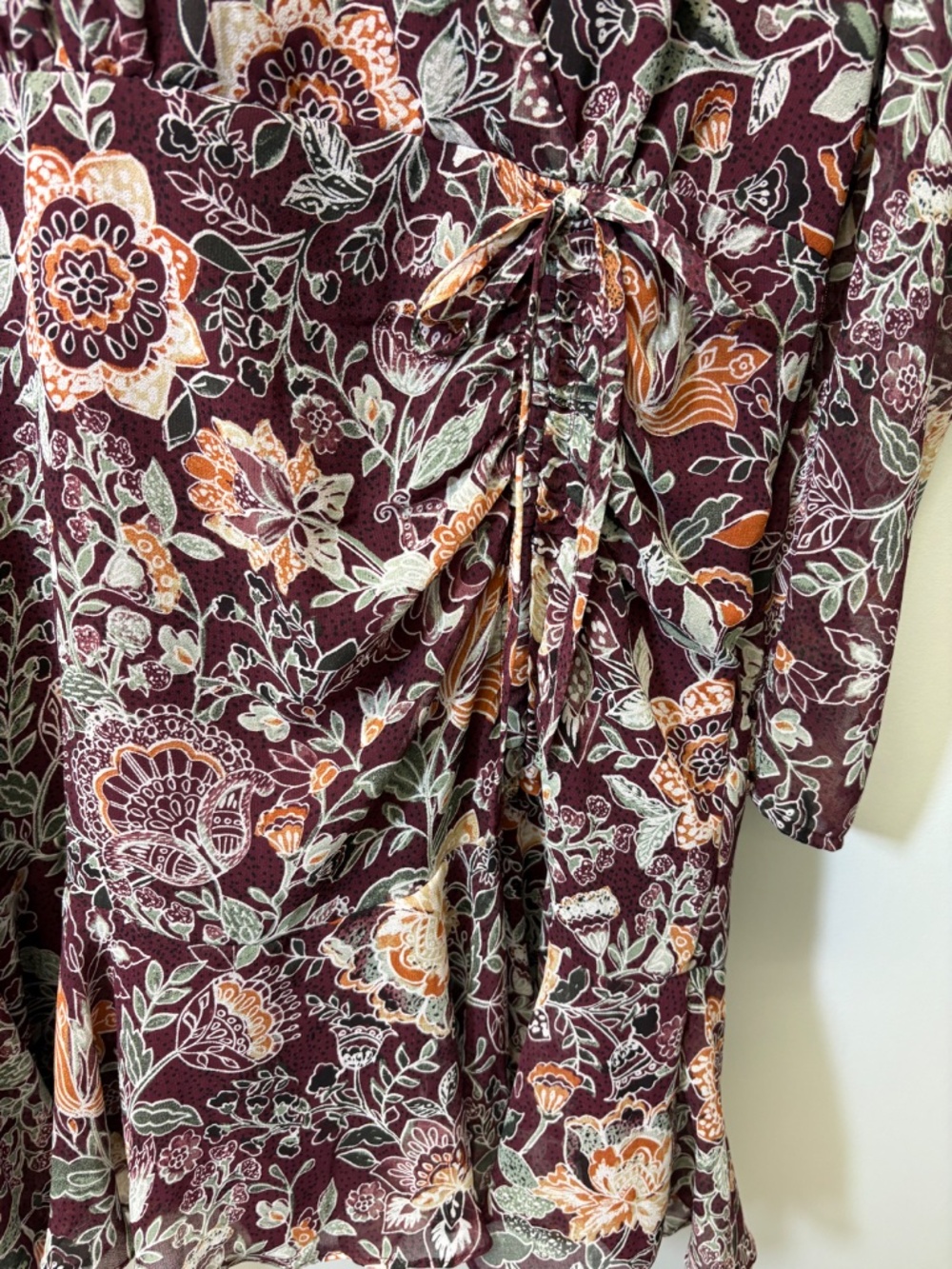 BB Dakota Burgundy Floral Romantic Wrap Flirty Mini Dress Boho Cottagecore Sz Lg - Picture 4 of 8